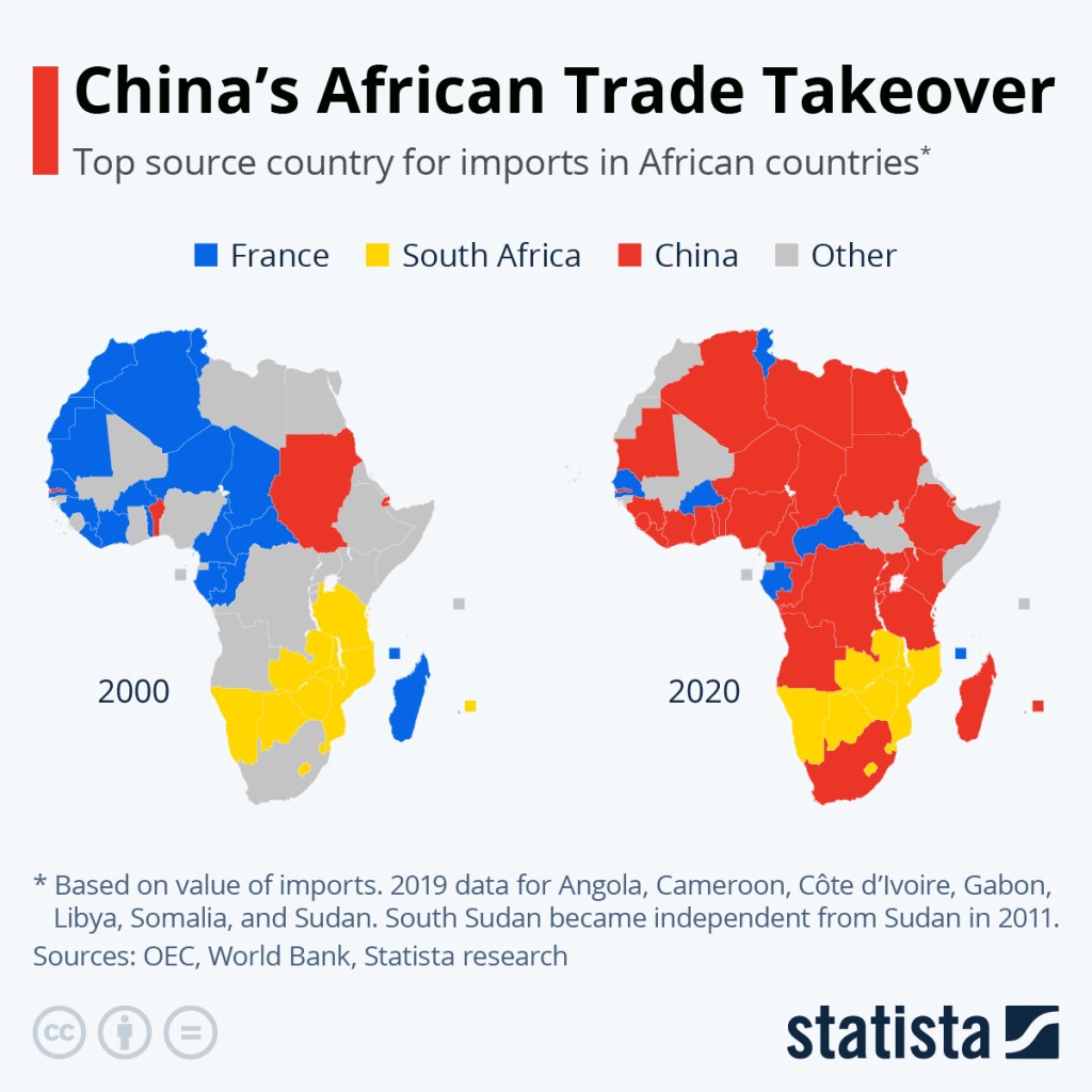 map showing China's trade influence in Africa since 2000